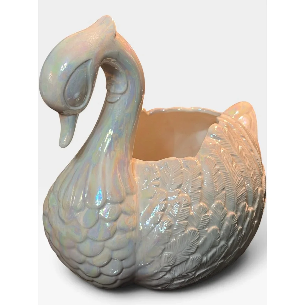 Vintage Iridescent Pearlized Ceramic Swan Planter Figurine Vase 7.5 Inch 80s